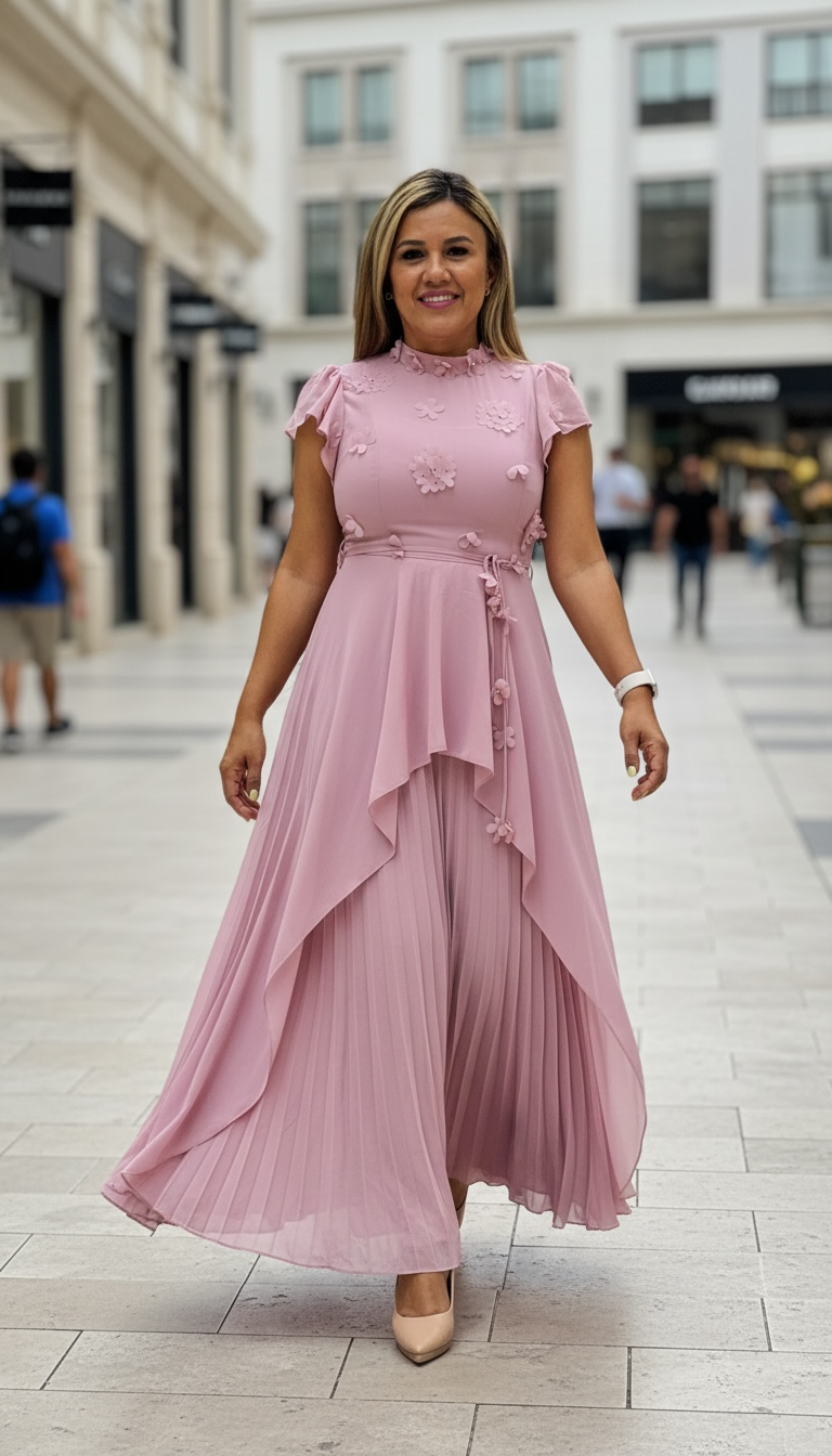 Vestido Largo Color Mauve Rose con Aplicación de Flores y Cintillo